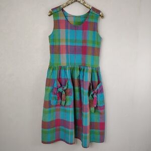 Vintage 80s Chandri Women's Rainbow Plaid Midi Dress Size Medium Preppy